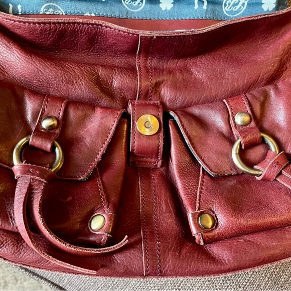 Vintage Lucky Brand Jeans Distressed Leather Flap Shoulder Bag Purse Brown Red - Picture 3 of 11